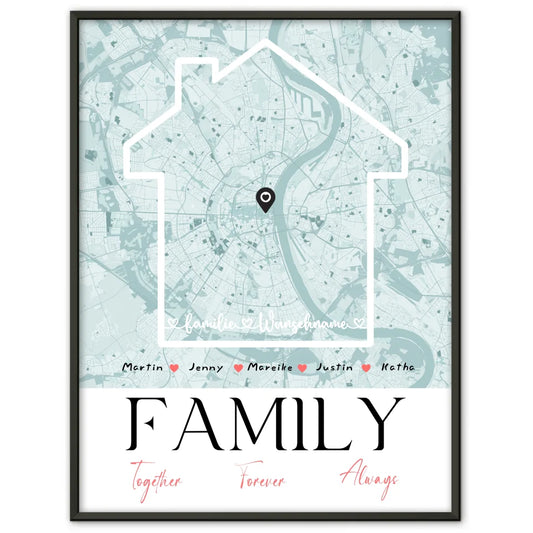 Personalisiertes Poster Familie Stadtkarte Family Together mit Nachname 1