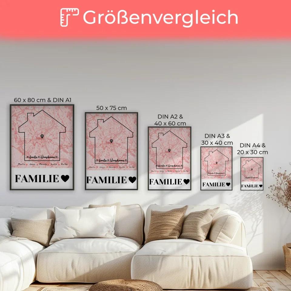 Personalisiertes Poster Familie Stadtkarte mit Nachname Familienliebe