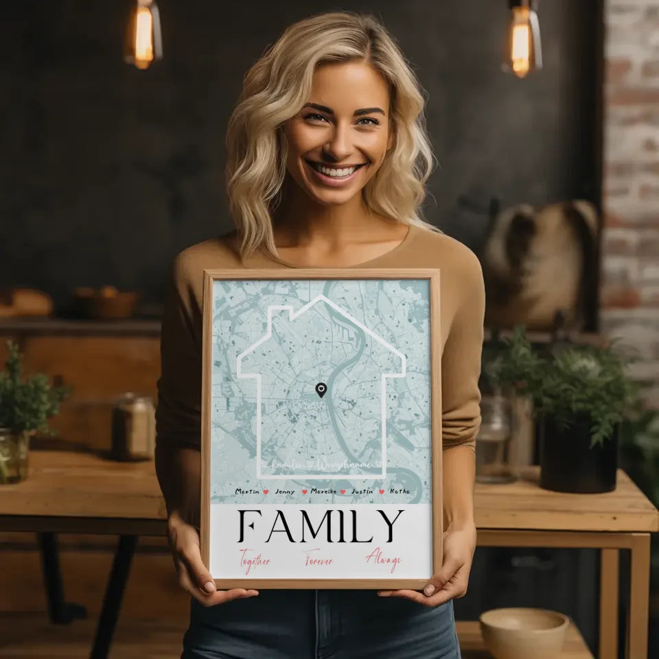 Personalisiertes Poster Familie Stadtkarte Family Together mit Nachname