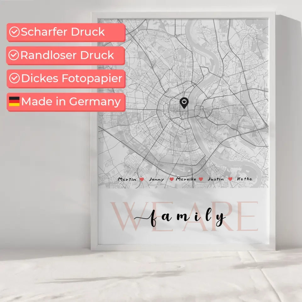 Personalisiertes Poster Familie Stadtkarte We Are Family mit Nachname 6