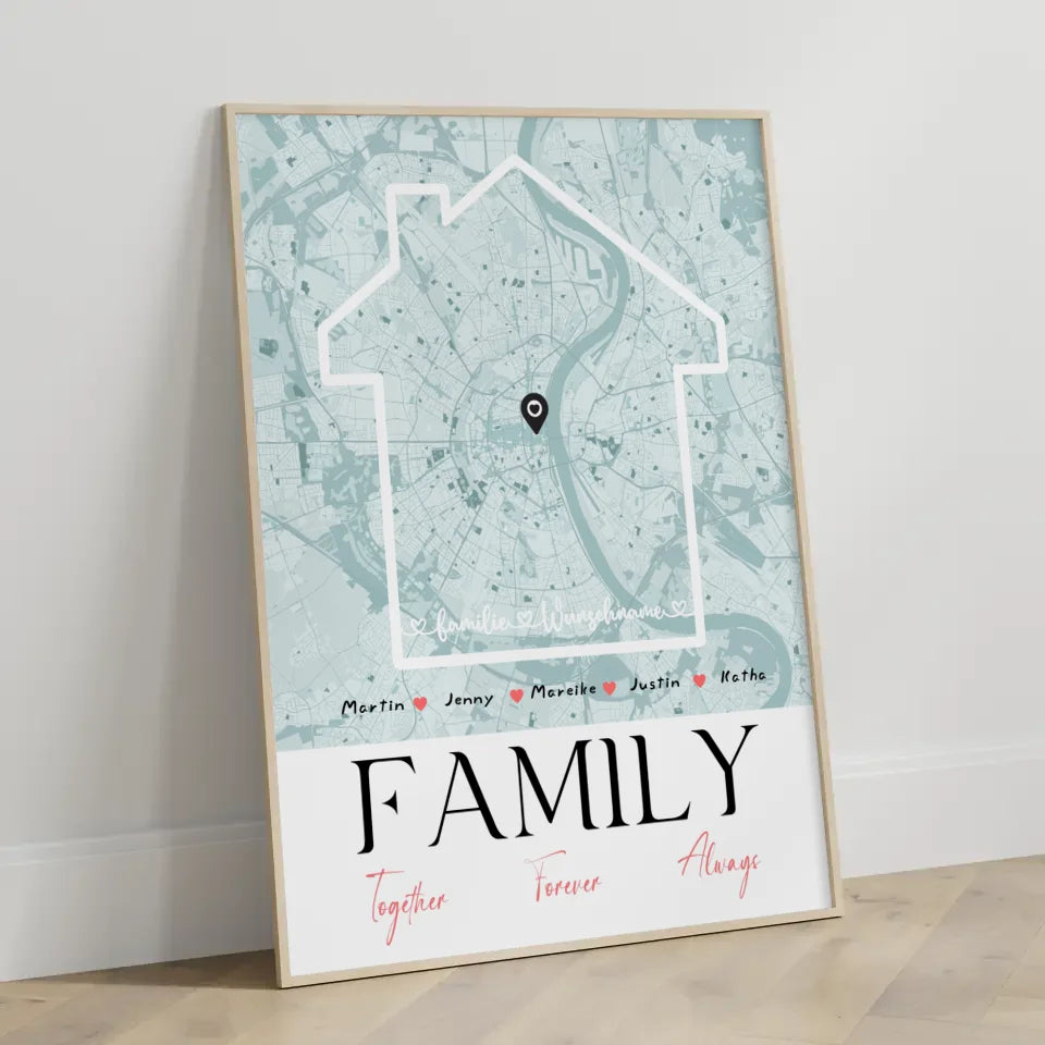 Personalisiertes Poster Familie Stadtkarte Family Together mit Nachname