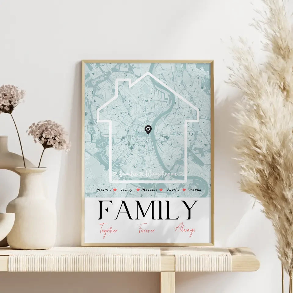 Personalisiertes Poster Familie Stadtkarte Family Together mit Nachname