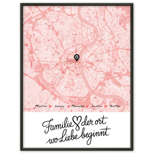 Personalisiertes Poster Familie Stadtkarte Wo Liebe beginnt mit Nachname 1