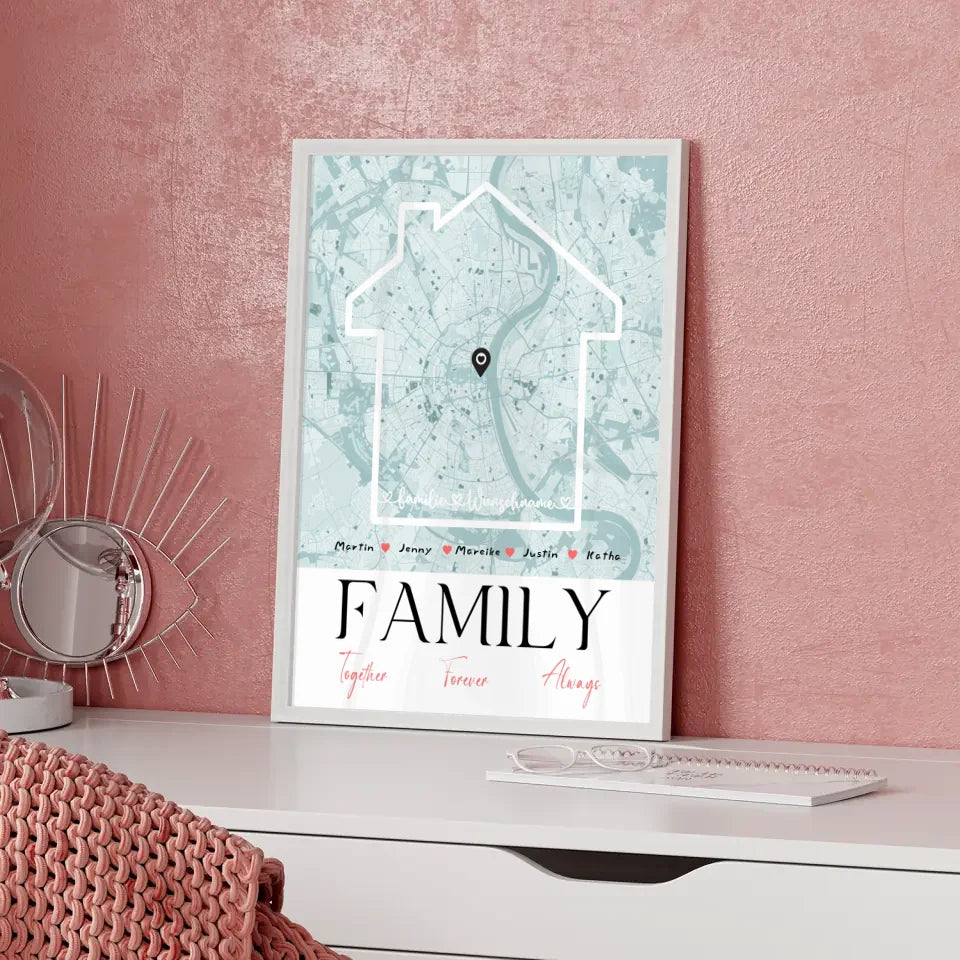 Personalisiertes Poster Familie Stadtkarte Family Together mit Nachname