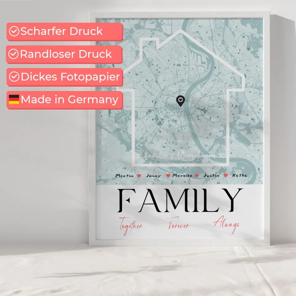 Personalisiertes Poster Familie Stadtkarte Family Together mit Nachname