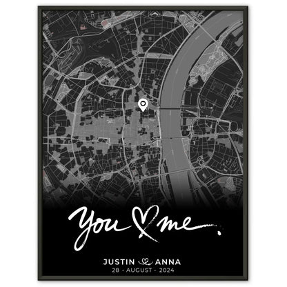 Personalisiertes Poster Stadtkarte Schwarz You & Me für Paare Wo alles begann 1