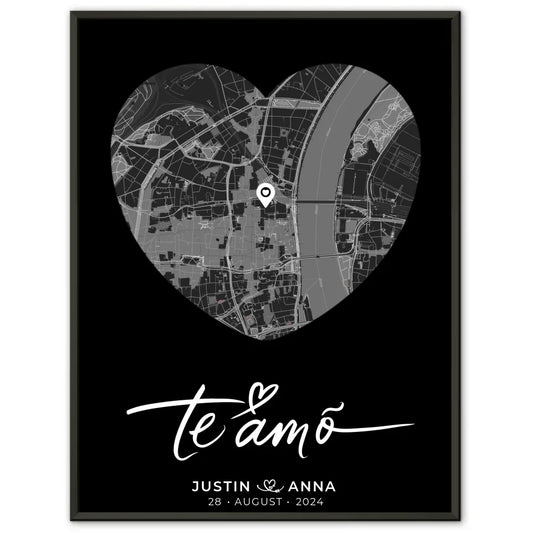 Personalisiertes Poster für Paare Stadtkarte Herzform Te Amo Heimat 1