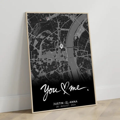 Personalisiertes Poster Stadtkarte Schwarz You & Me für Paare Wo alles begann 3