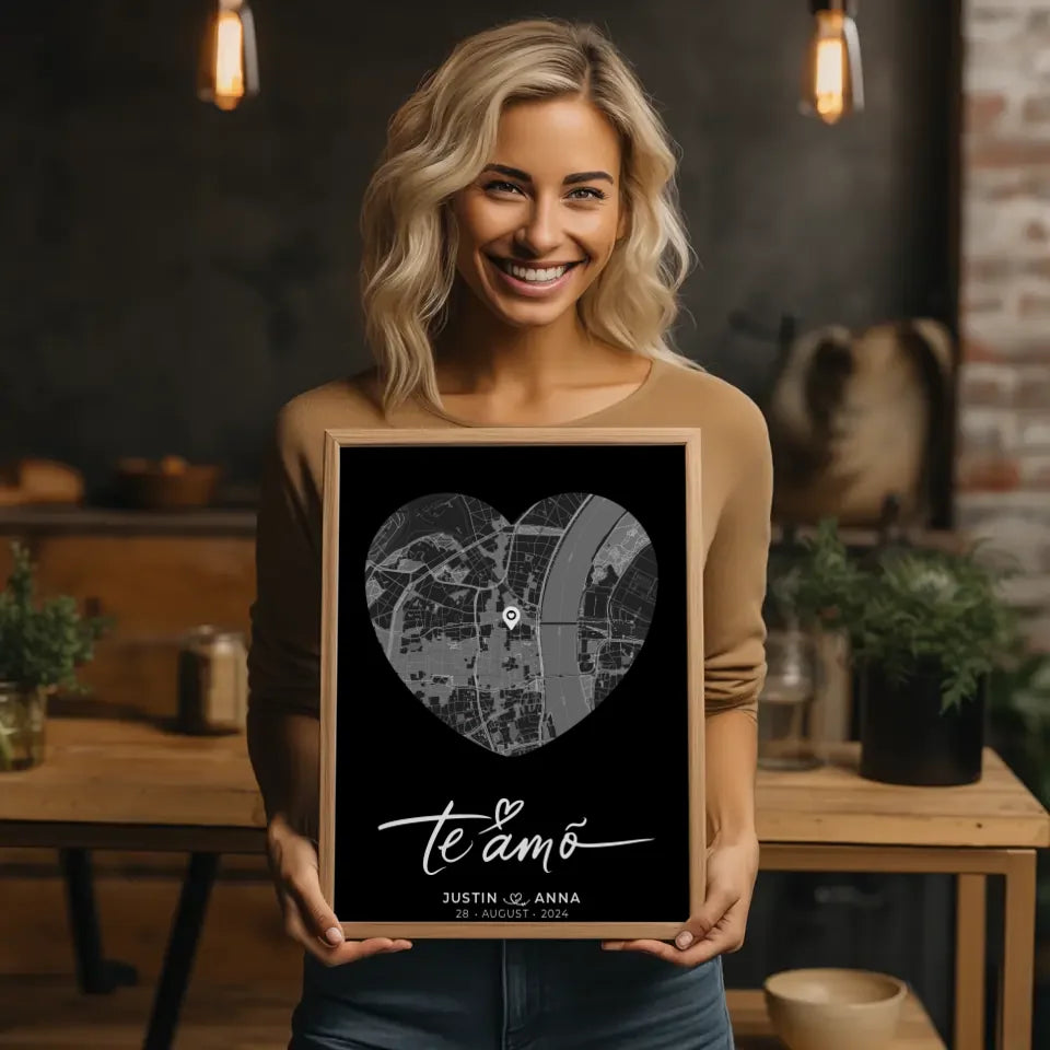 Personalisiertes Poster für Paare Stadtkarte Herzform Te Amo Heimat 2