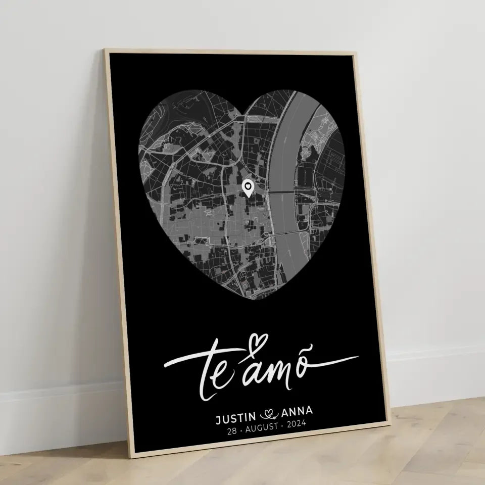 Personalisiertes Poster für Paare Stadtkarte Herzform Te Amo Heimat 3