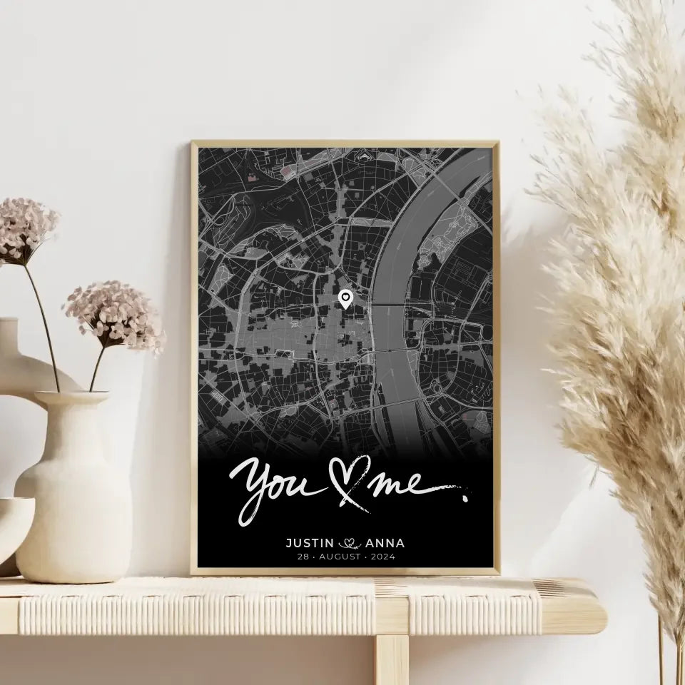 Personalisiertes Poster Stadtkarte Schwarz You & Me für Paare Wo alles begann 4