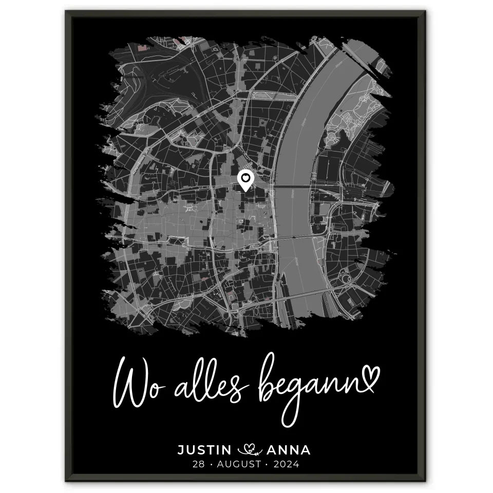 Personalisiertes Liebes Poster Stadtkarte Pinsel-Stil Wo Alles Begann Paare 1