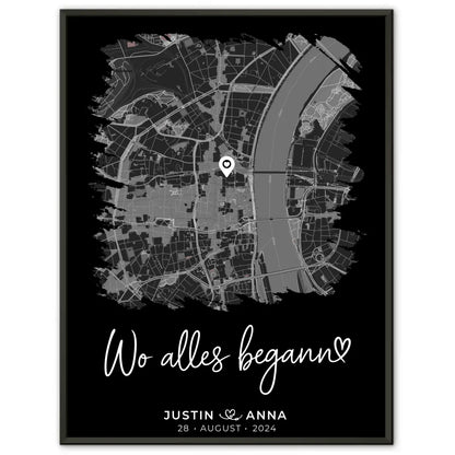 Personalisiertes Liebes Poster Stadtkarte Pinsel-Stil Wo Alles Begann Paare 1