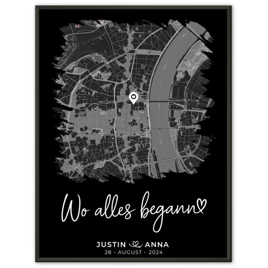 Personalisiertes Liebes Poster Stadtkarte Pinsel-Stil Wo Alles Begann Paare 1