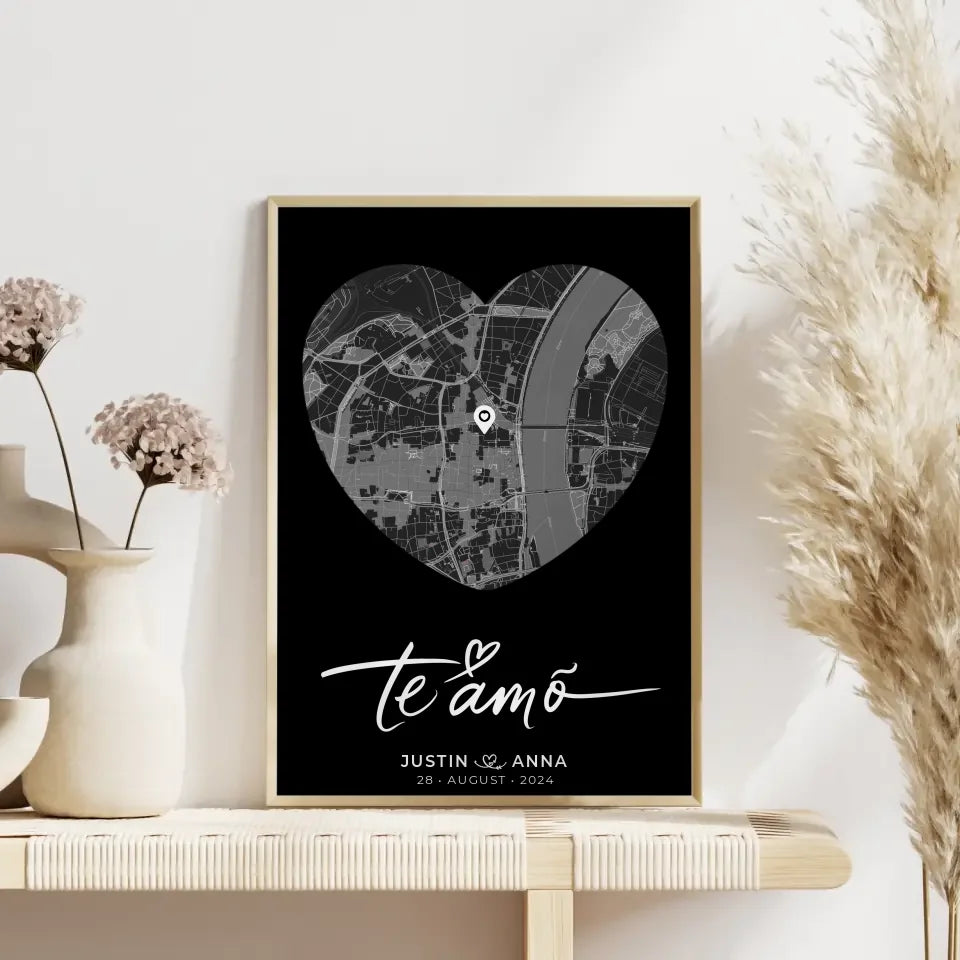 Personalisiertes Poster für Paare Stadtkarte Herzform Te Amo Heimat 4