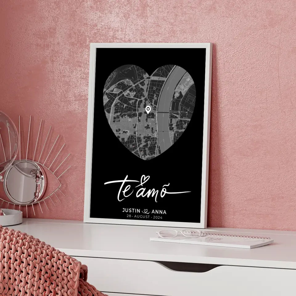 Personalisiertes Poster für Paare Stadtkarte Herzform Te Amo Heimat 5