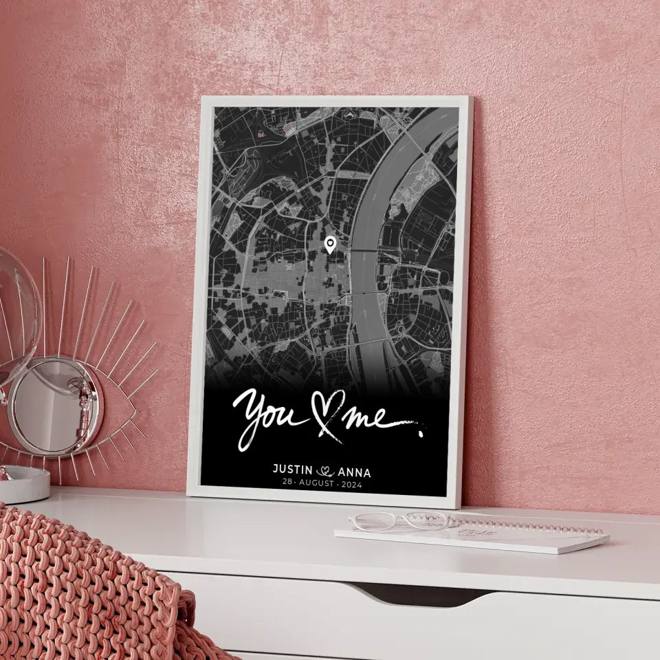 Personalisiertes Poster Stadtkarte Schwarz You & Me für Paare Wo alles begann 5