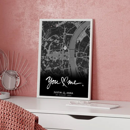 Personalisiertes Poster Stadtkarte Schwarz You & Me für Paare Wo alles begann 5