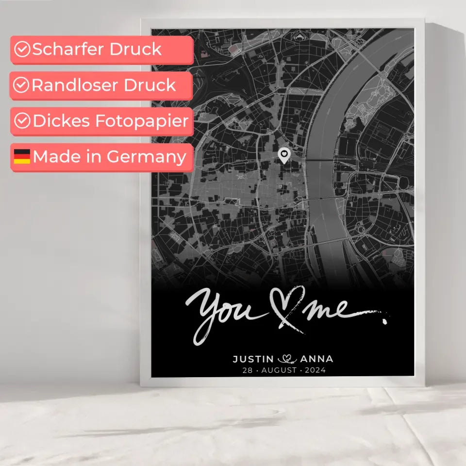 Personalisiertes Poster Stadtkarte Schwarz You & Me für Paare Wo alles begann 6