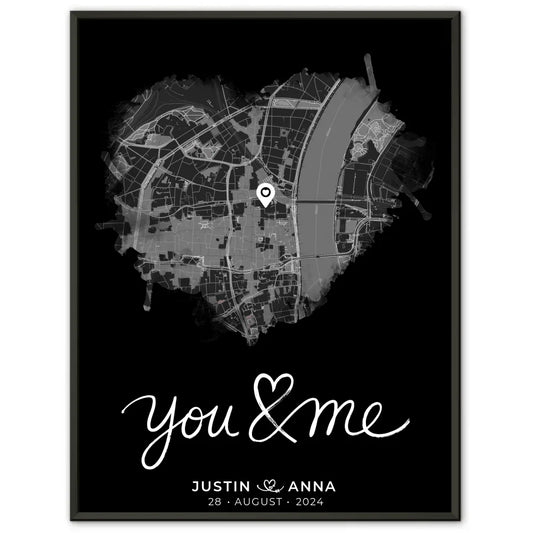 Personalisiertes Poster Paare Stadtkarte Herzform You & Me Geschenkidee