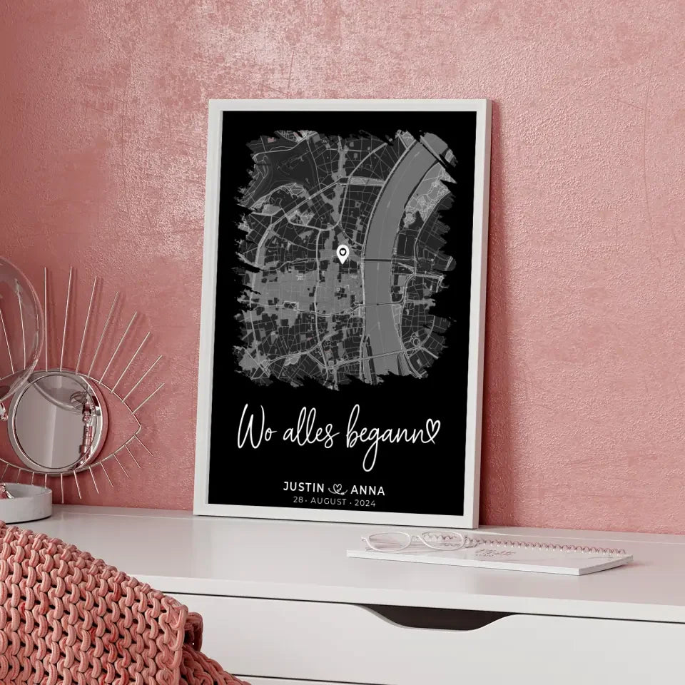 Personalisiertes Liebes Poster Stadtkarte Pinsel-Stil Wo Alles Begann Paare 5
