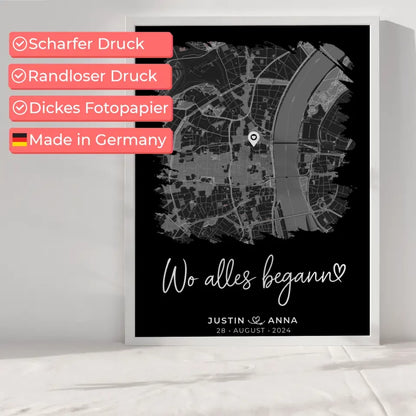 Personalisiertes Liebes Poster Stadtkarte Pinsel-Stil Wo Alles Begann Paare