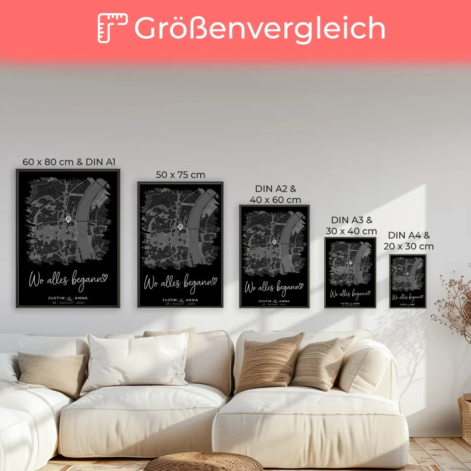 Personalisiertes Liebes Poster Stadtkarte Pinsel-Stil Wo Alles Begann Paare