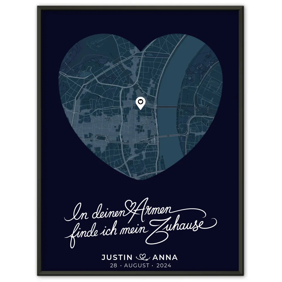 Personalisiertes Poster für Paare Stadtkarte Herzform In Deinen Armen Blau 1