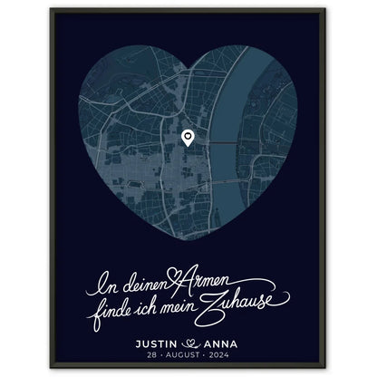 Personalisiertes Poster für Paare Stadtkarte Herzform In Deinen Armen Blau 1