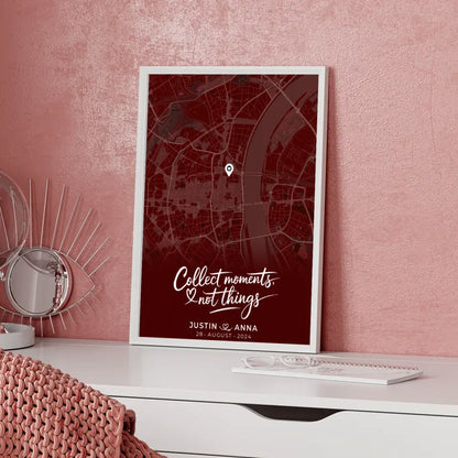 Personalisiertes Liebes Poster für Paare Stadtkarte Rot Collect Moments