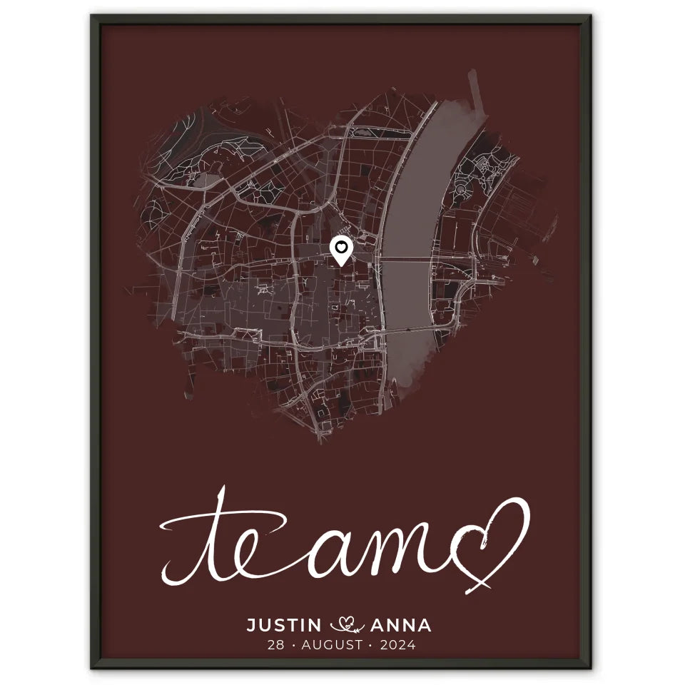 Personalisiertes Poster Paare Stadtkarte Herzform Te Amo Geschenkidee 1