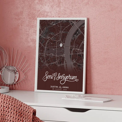 Personalisiertes Poster für Paare mit Stadtkarte Seni Seviyorum Geschenk