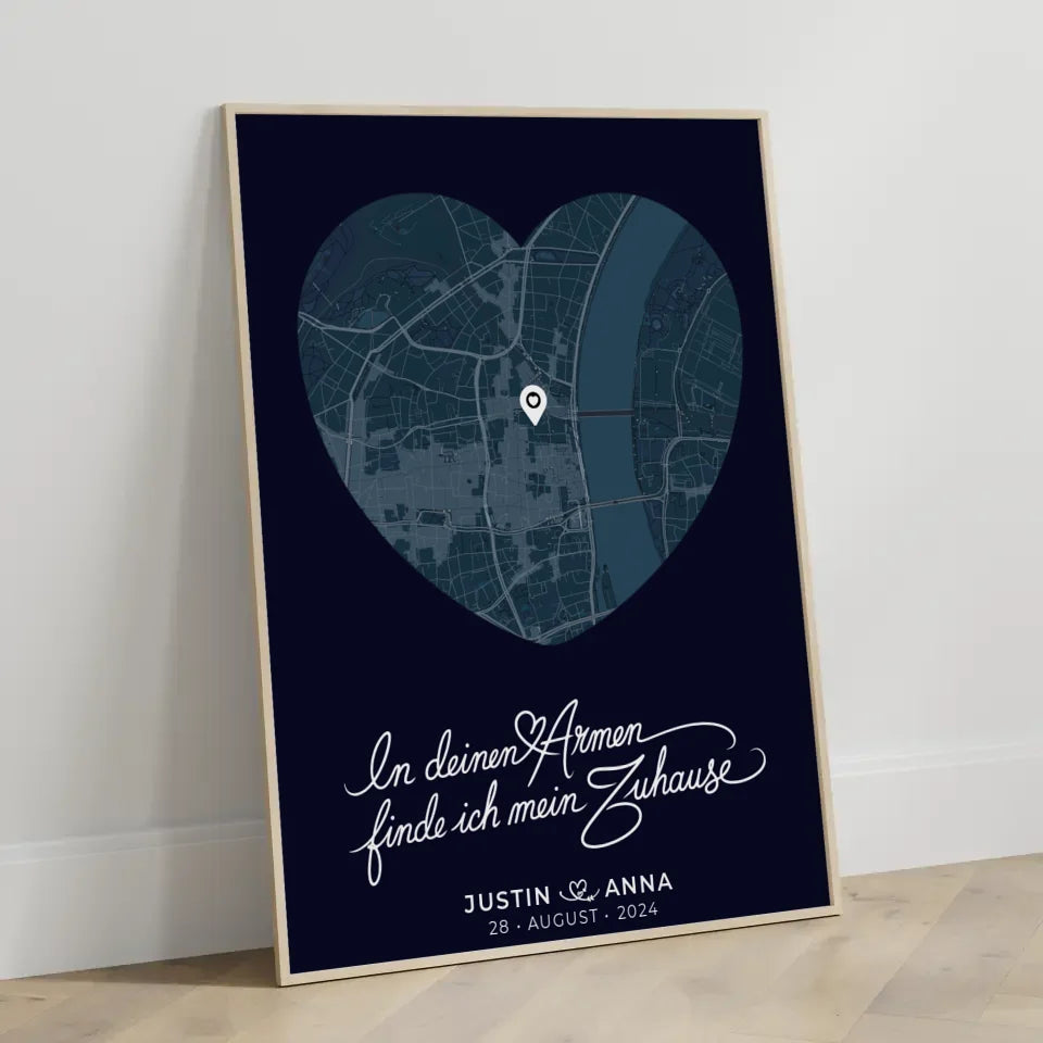 Personalisiertes Poster für Paare Stadtkarte Herzform In Deinen Armen Blau 3
