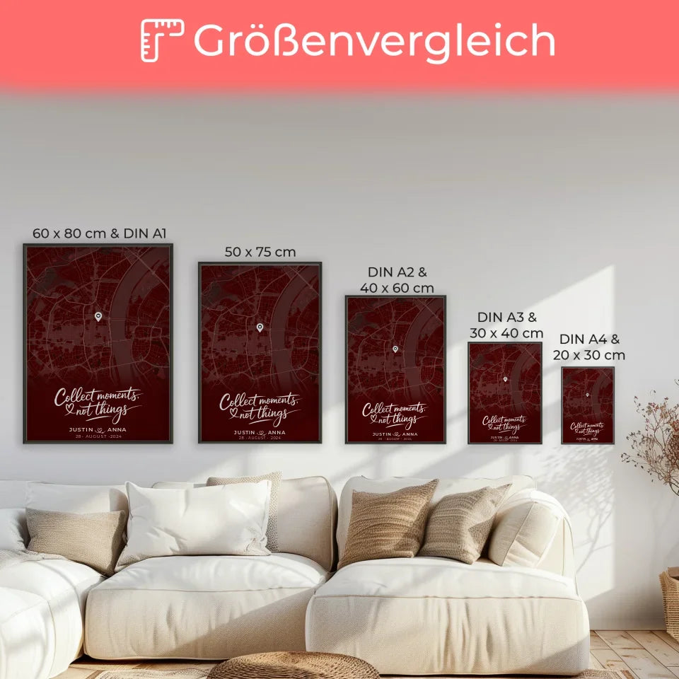 Personalisiertes Liebes Poster für Paare Stadtkarte Rot Collect Moments