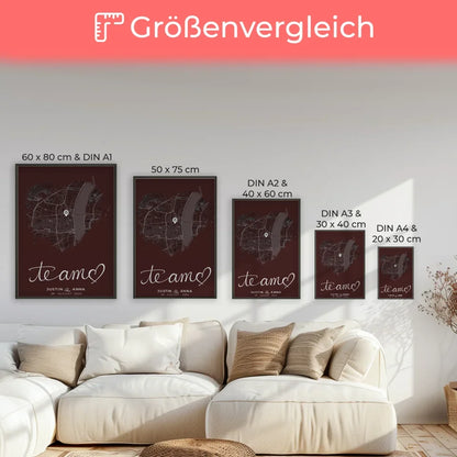 Personalisiertes Poster Paare Stadtkarte Herzform Te Amo Geschenkidee