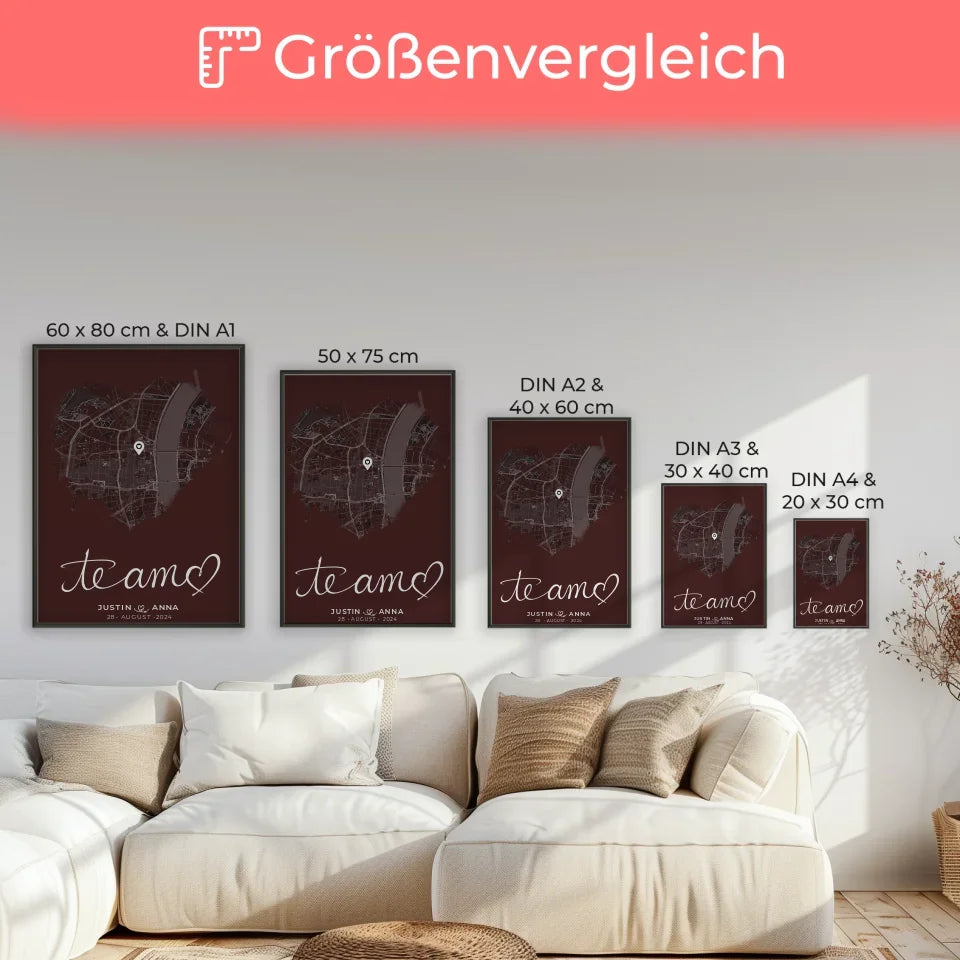 Personalisiertes Poster Paare Stadtkarte Herzform Te Amo Geschenkidee 7