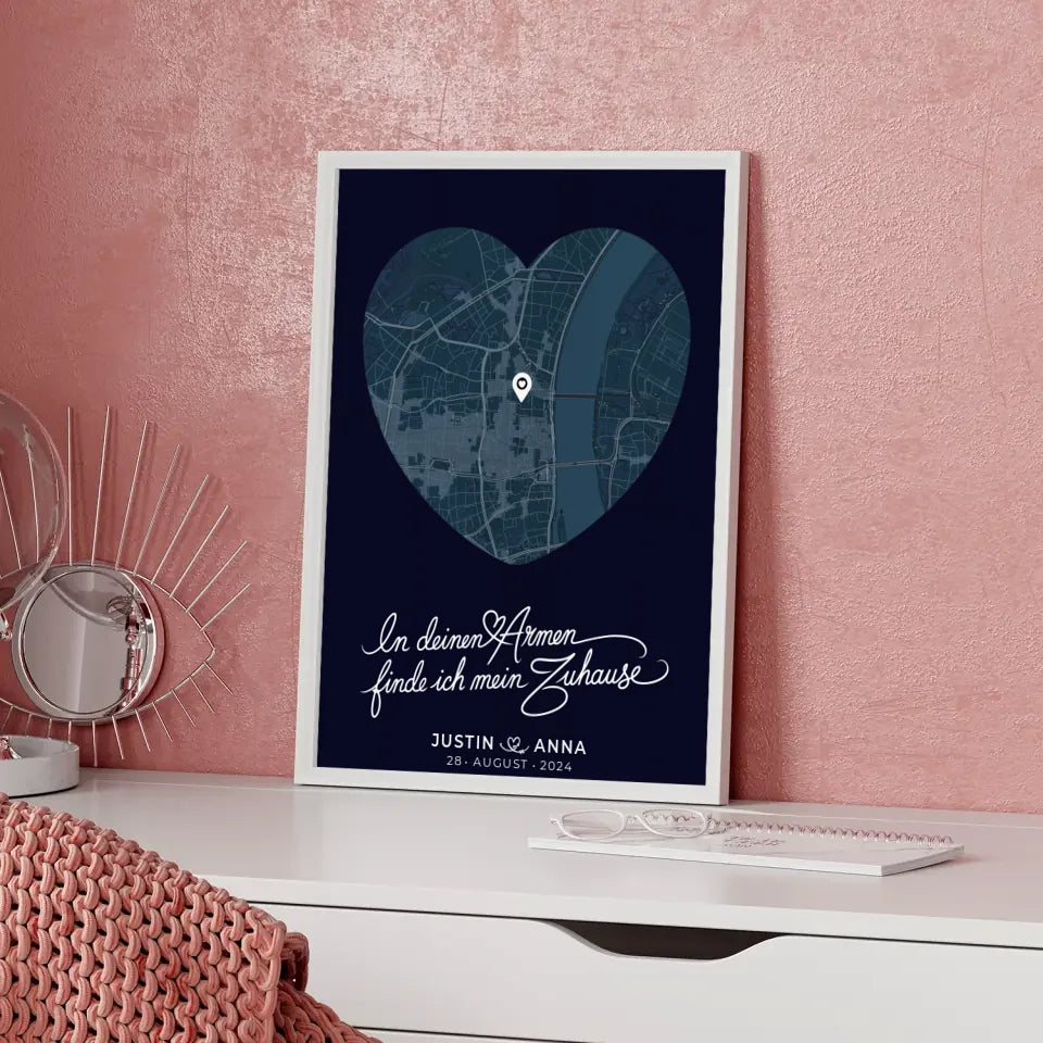 Personalisiertes Poster für Paare Stadtkarte Herzform In Deinen Armen Blau 5