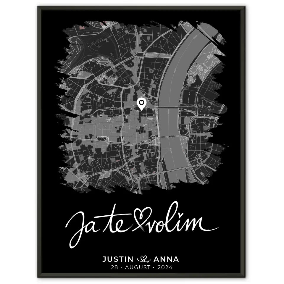 Personalisiertes Liebes Poster Paare Stadtkarte Pinsel-Stil Ja Te Volim 1