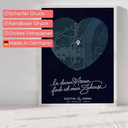 Personalisiertes Poster für Paare Stadtkarte Herzform In Deinen Armen Blau 6