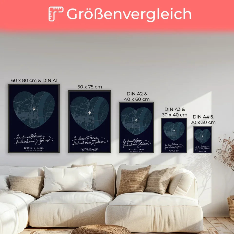 Personalisiertes Poster für Paare Stadtkarte Herzform In Deinen Armen Blau 7