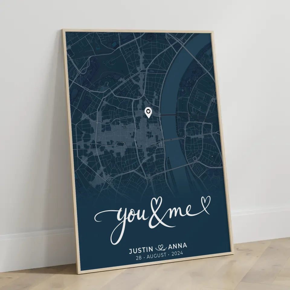 Personalisiertes Liebes Poster You & Me für Paare Stadtkarte Blau