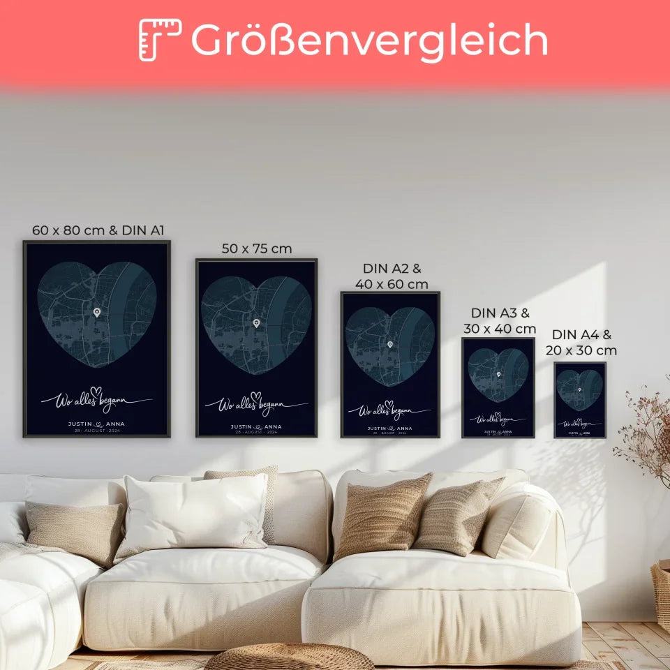 Personalisiertes Poster für Paare Stadtkarte Herzform Wo Alles Begann Blau