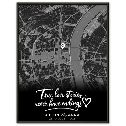 Personalisiertes Poster für Paare Stadtkarte Schwarz True Love Wo alles begann