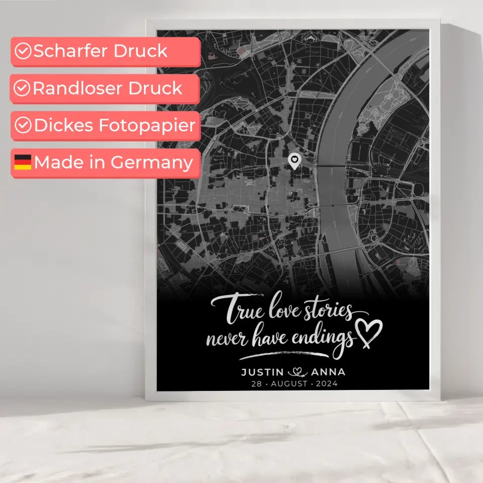 Personalisiertes Poster für Paare Stadtkarte Schwarz True Love Wo alles begann