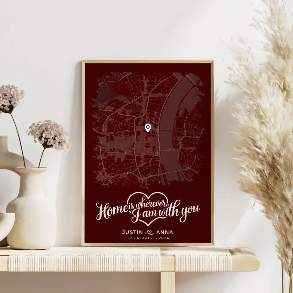 Personalisiertes Liebes Poster Paare Stadtkarte Pinsel-Stil Home is