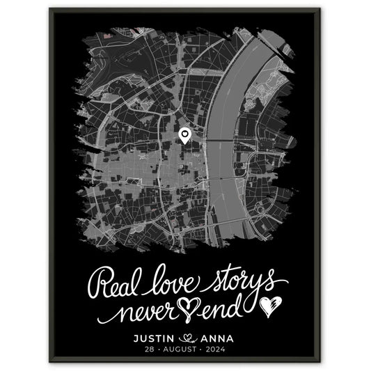 Personalisiertes Liebes Poster Paare Stadtkarte im Pinsel-Stil Real Love Storys