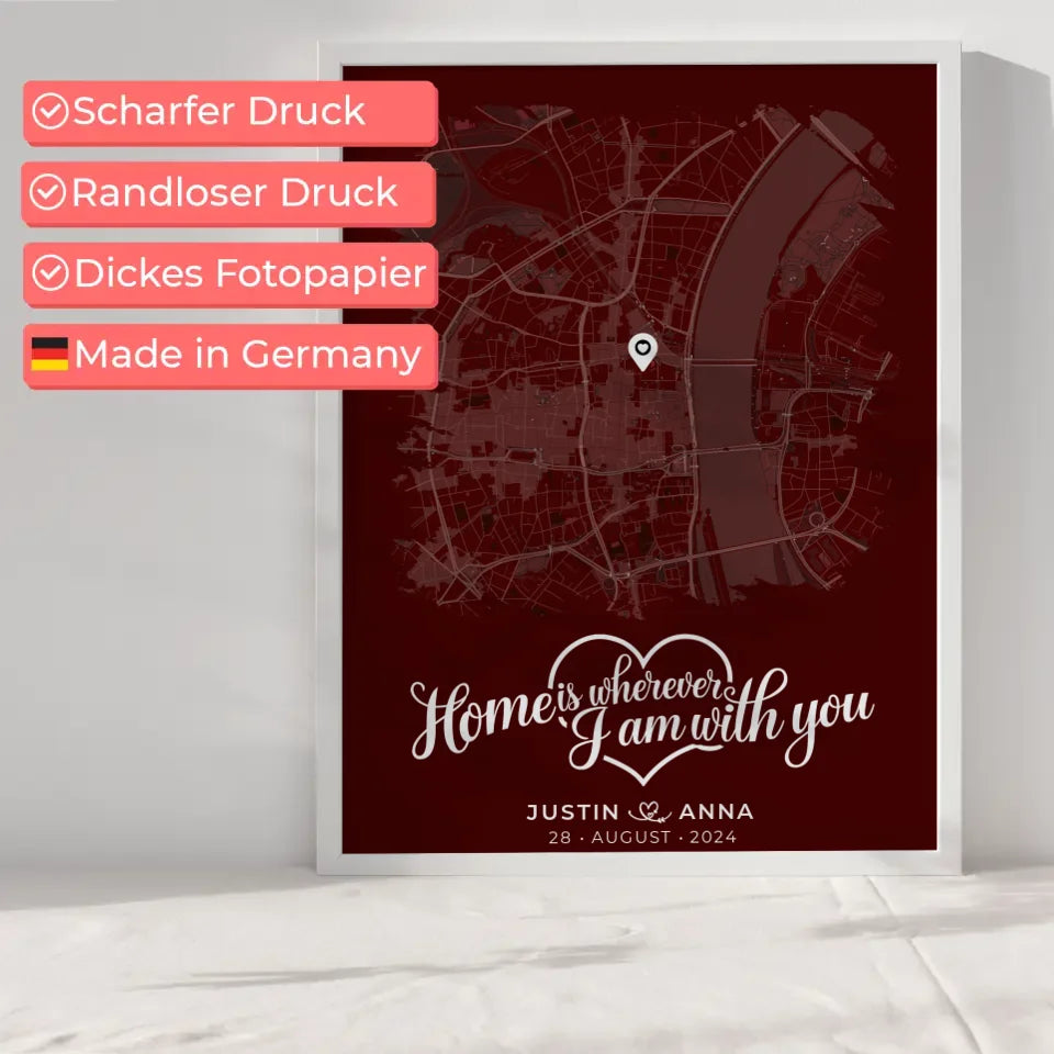 Personalisiertes Liebes Poster Paare Stadtkarte Pinsel-Stil Home is