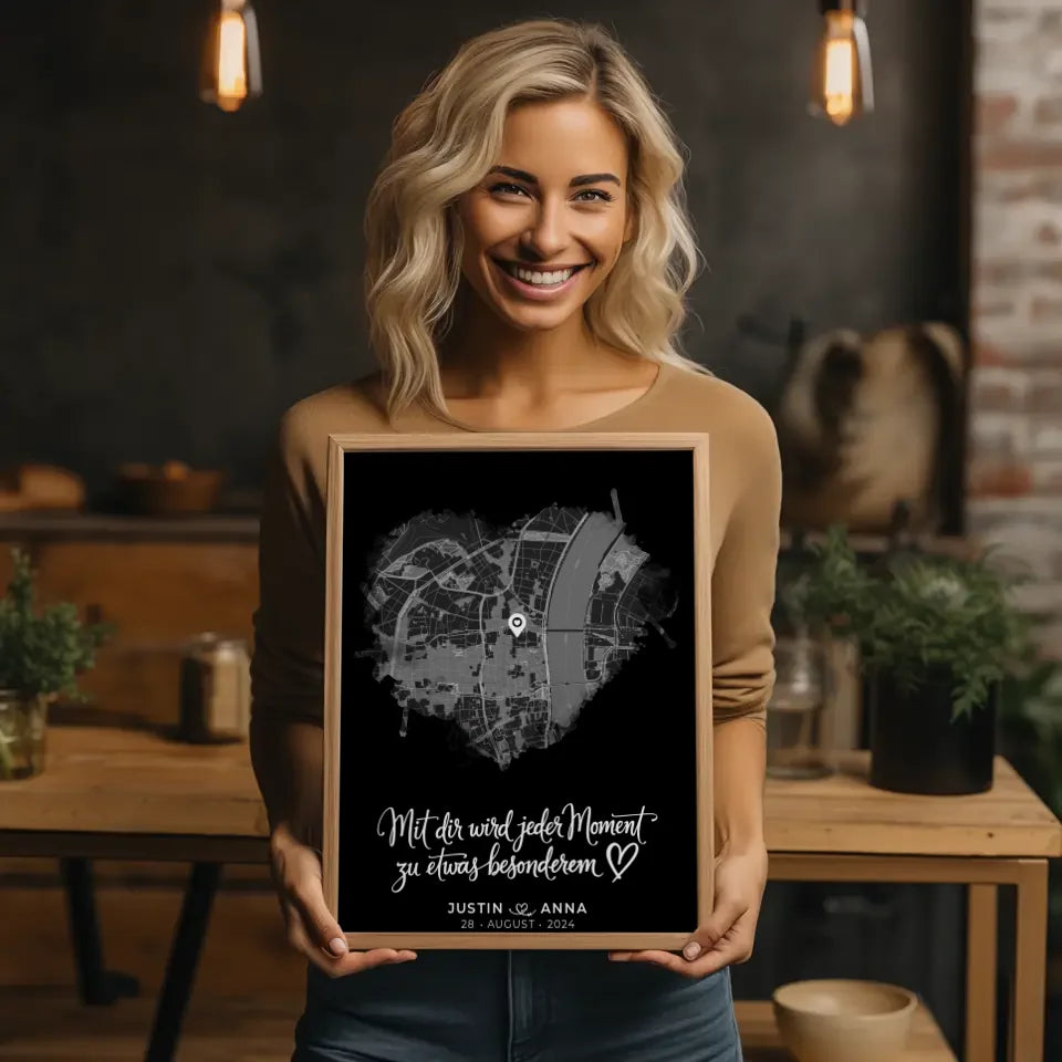 Personalisiertes Poster Paare Stadtkarte Herzform Jeder Moment 2