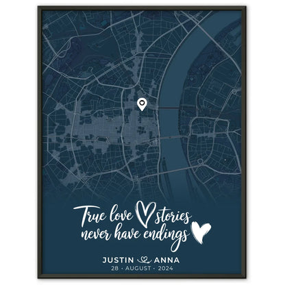 Personalisiertes Liebes Poster für Paare Stadtkarte Blau True Love Stories 1