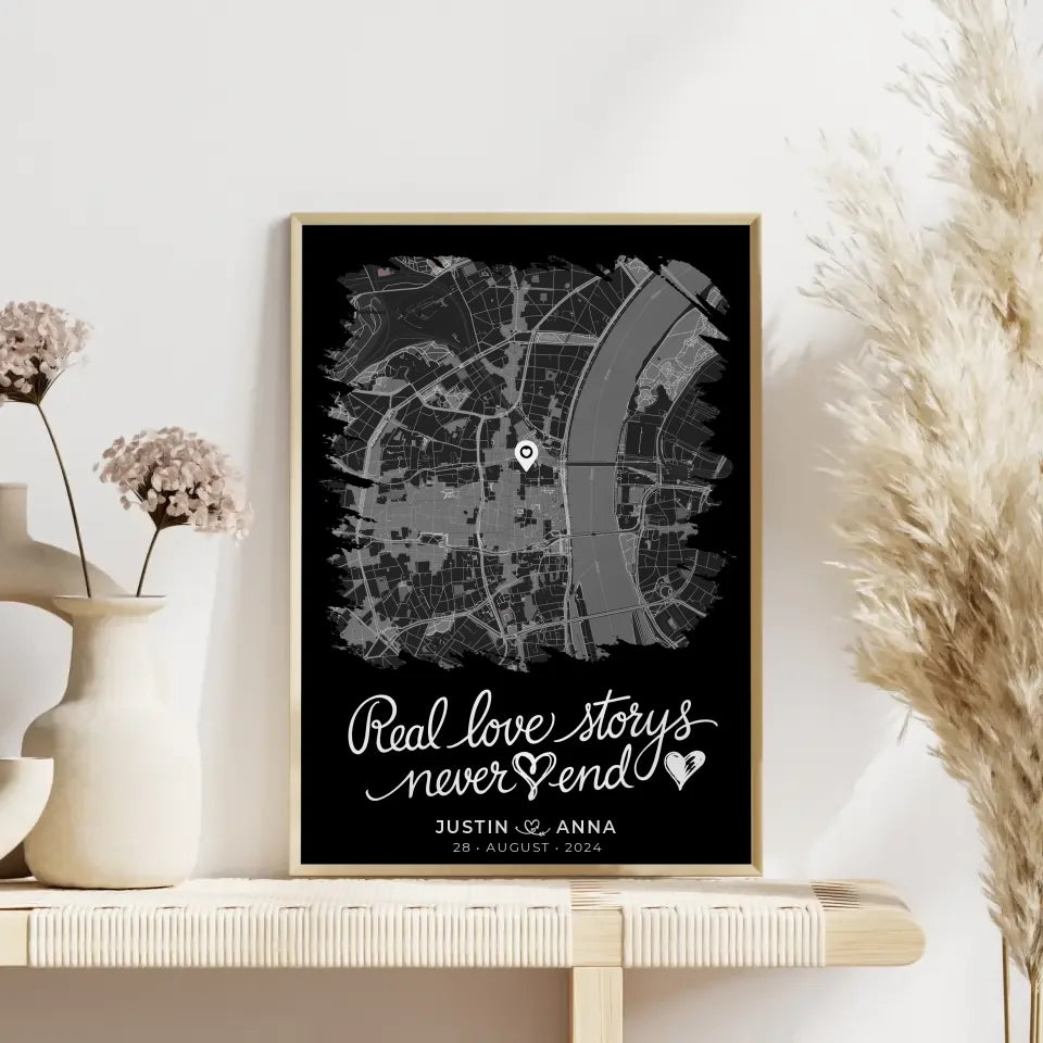 Personalisiertes Liebes Poster Paare Stadtkarte im Pinsel-Stil Real Love Storys